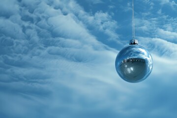 A silver Christmas ornament hangs from a string against the sky backdrop, Hanging like a silver ornament in the velvet sky