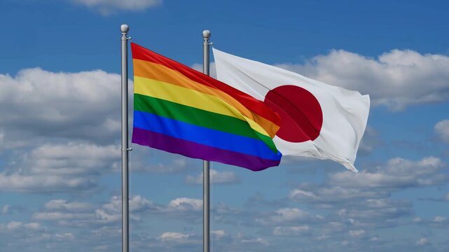 Japan and LGBT movement flags flying together, video concept of the relationship, two country relations concept