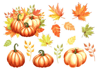 Pumpkins with maple leaves. Set of hand drawn watercolor isolated illustrations. Fall collection. Autumn Thanksgiving traditional vegetables. Clip art for sticker, textile, card, Halloween, embroidery