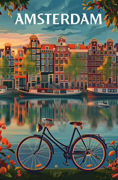 Ilustraci&oacute;n de Canal con barcazas y bicicleta en Amsterdam