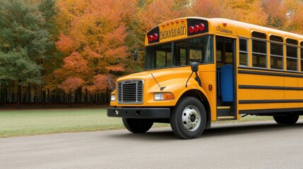 Obraz premium Bright Yellow School Bus Parked on a Quiet Road Surrounded by Autumn Trees