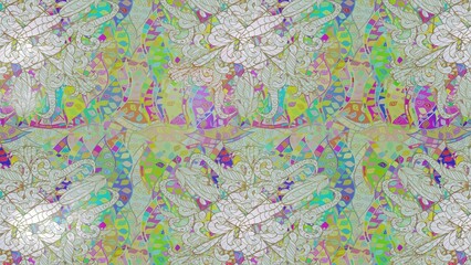 Fototapeta premium Sketch Floral Pattern in Raster illustration. Flowers on neutral, gray and green colors.
