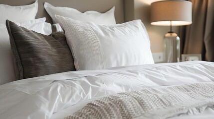 Obraz premium A neatly made bed with white linens and a gray throw blanket, in a bedroom with a lamp on a nightstand.