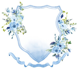 Blue Watercolor Flowers Wedding Crest template PNG. Wedding Design
