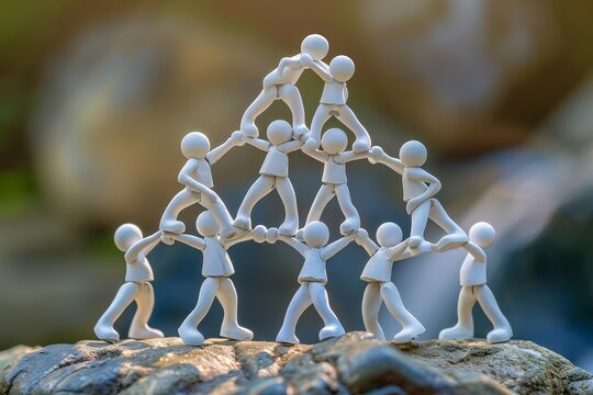 A group of individuals are connected, forming a human pyramid as they hold hands, Harnessing individual skills for the greater good of the team