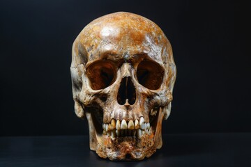 Obraz premium Human Skull. Front View of Natural Skull on Black Isolated Background for Medical and Horror Concepts
