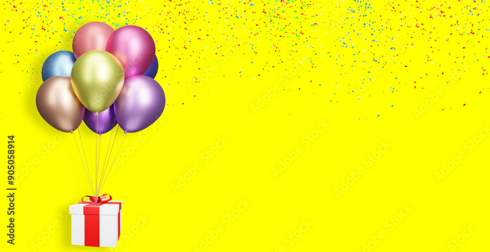 Aufkleber Flying gift box with multicolored shiny balloons on yellow background with confetti. 3d rendering