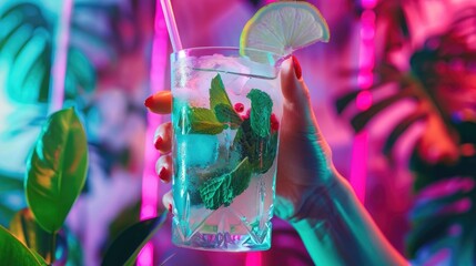 Female hand holding exclusive mojito cocktail on neon background