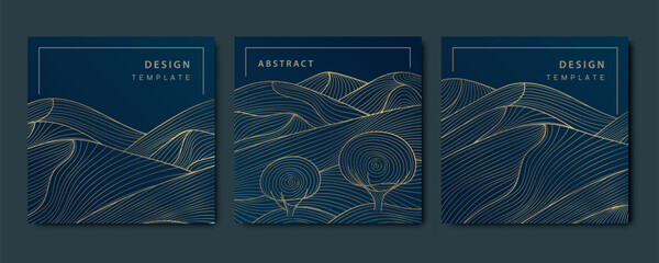 Vector set of japanese style gold line landscapes with mountains and trees. Luxury abstract nature posters, cards, tags. Traditional vintage illustrations.