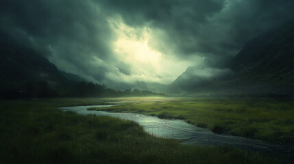 A moody landscape photo with added effects and digital manipulation, creating a dramatic scene