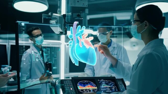 A medical research team examines a holographic heart model while wearing protective gear in a high-tech laboratory.