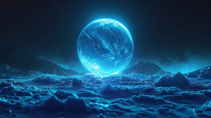 Fototapeta premium Glowing blue gradient sphere on black background, moon rise abstract grainy noise texture effect poster design, Generative AI 