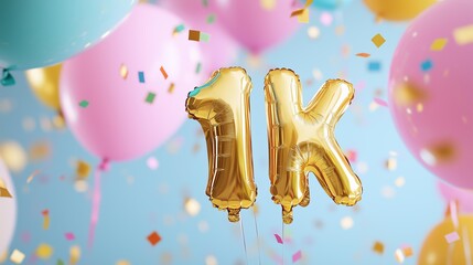  1000 subscribers celebration, foil golden balloons text "1K" with many colorful flying confetti