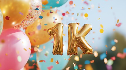  1000 subscribers celebration, foil golden balloons text "1K" with many colorful flying confetti