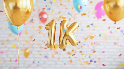  1000 subscribers celebration, foil golden balloons text "1K" with many colorful flying confetti