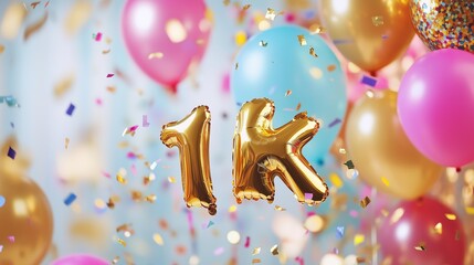  1000 subscribers celebration, foil golden balloons text "1K" with many colorful flying confetti