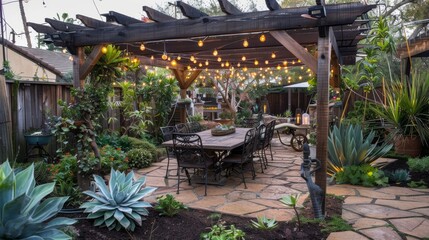 Cozy Backyard Patio with String Lights and Lush Greenery