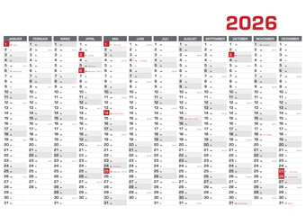 Jahresplaner DIN A1 f&uuml;r 2026 mit KW und Feiertagen