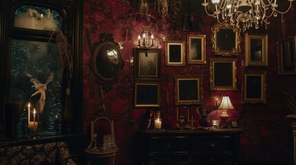 Vintage Gothic Living Room with Antique Mirrors and Stained Glass