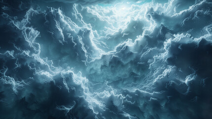 stormy sky with dark clouds and lightning, creating an ominous atmosphere. The background is a deep blue color with white thunderclouds