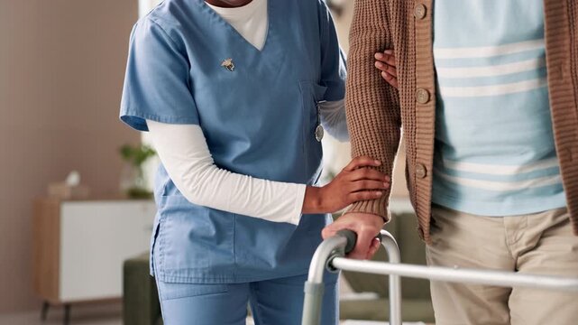 Caregiver, support and senior person with disability of walking frame for mobility development, trust and recovery. Nurse, patient and rehabilitation for muscle progress, care and physical therapy