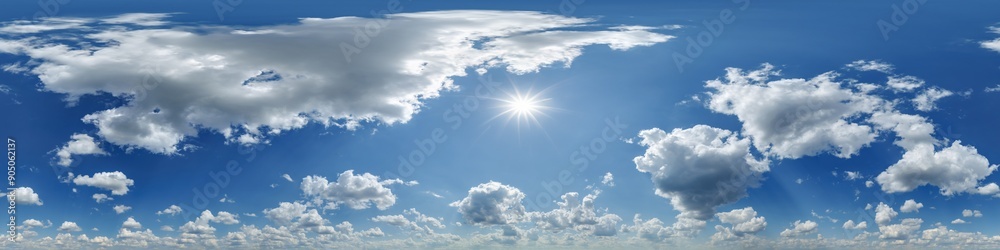 Wall mural blue sky hdri 360 panorama view with awesome white clouds with zenith for use in 3d graphics as sky 