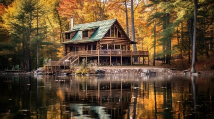Fototapeta premium Cabin by the Lake in Autumn