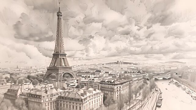 Sketch of a view of the Eiffel Tower in Paris.