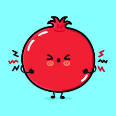 Angry Pomegranate fruit character. Vector hand drawn cartoon kawaii character illustration icon. Isolated on blue background. Sad Pomegranate fruit character concept