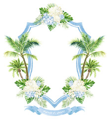 Palm Trees Blue Hydrangea Watercolor Flowers Wedding Crest template PNG. Wedding Design