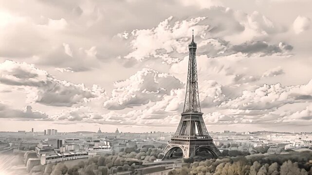 Sketch of a view of the Eiffel Tower in Paris.