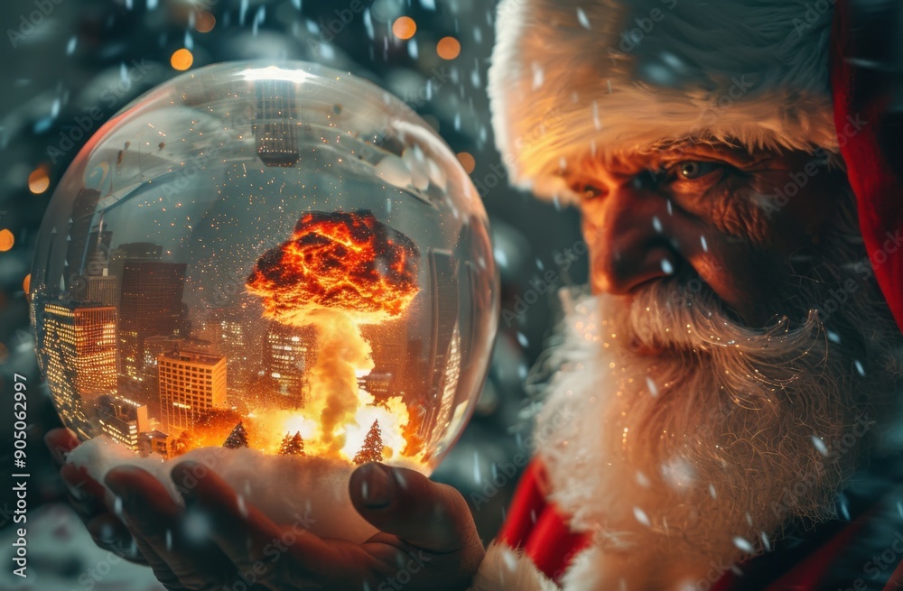 Poster santa holds a snow globe. inside the snow globe, a nuclear explosion occurs in the shape of a mushro