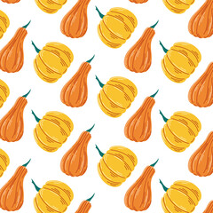 Orange and yellow pumpkins seamless pattern in flat style. Autumn seasonal botany and veggies. Vector illustration on a white background.