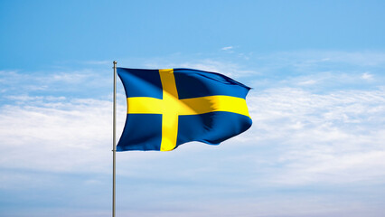 Flag Sweden against cloudy sky. Swedish flag waving in the wind, national symbol. Country, nation, union, flag, government, Swedish culture, politics. 3D illustration