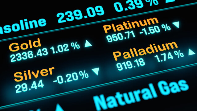 Gold, silver, platinum and palladium prices, commodity screen. The price of gold rises, the price of platinum drops. Precious metals, financial markets, trading, commodities, economy. 3d illustration