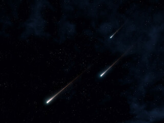 Shooting stars on a black background. Fireballs flashed in the sky. Beautiful meteors isolated.