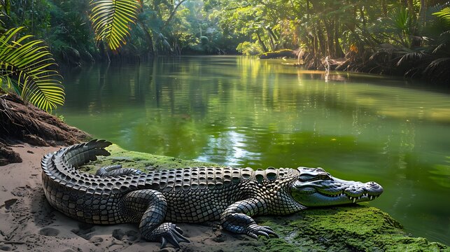 A crocodile basking in the sun on the edge of a lush green river in an African forest