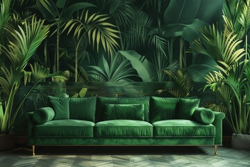 Obraz premium there is a green sofa in the room, and next to it are green palm leaves