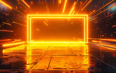 A glowing yellow neon rectangle on an empty dark background, with light rays and sparks emanating from it