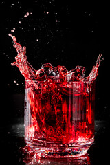 A clear glass with red liquid splashing out against a dark background, capturing the dynamic motion and vibrant color. Perfect for beverage, refreshment, or abstract themes.