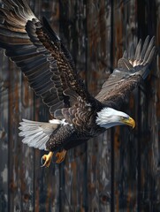 Obraz premium A bald eagle soaring through the air with its wings spread wide