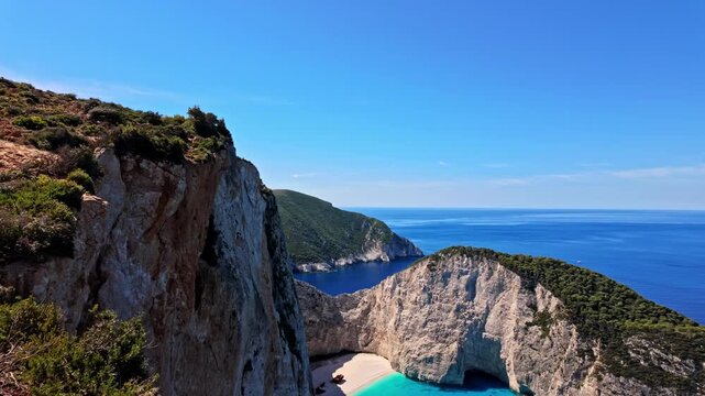 Limestone Cliffs With Modern Camera On Tripod On The Rocky Viewpoint In Zante, Greece. Tilt-down Shot