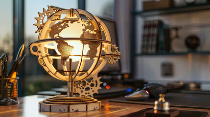 wooden globe lamp with intricate gears