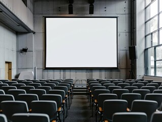 Obraz premium Blank screen in conference hall, tech event setup, empty billboard, presentation space