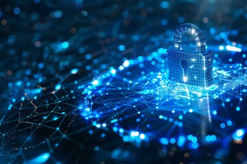 Obraz premium Blue digital padlocks interconnected in a high-tech network, representing secure communications and data transfers.