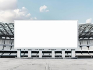 Sports stadium with blank white signboard, entrance advertising space, promotional opportunity