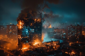 Fototapeta premium A heartwrenching sight of a building engulfed in flames in a city, Heart-wrenching sight of a burning building against a backdrop of city lights