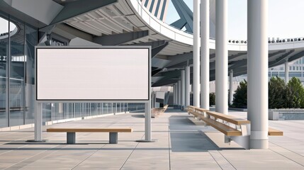 White signboard mockup at stadium entrance, empty advertisement, modern sports venue