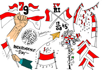  Independence day of Indonesia, doodle set vector
