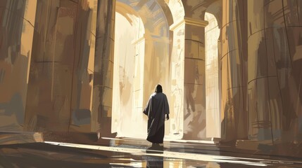 Naklejka premium Watercolor Biblical Illustration of Jesus Walking Through an Ancient Temple Spiritual Presence and Historical Reverence Beige Background copyspace
